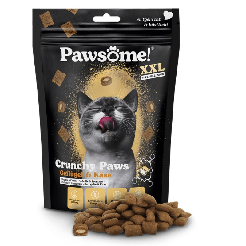 Pawsome! Crunchy Paws Geflügel & Käse, 150g - bezgraudu spilventiņi ar mājputnu gaļas un siera pildījumu 