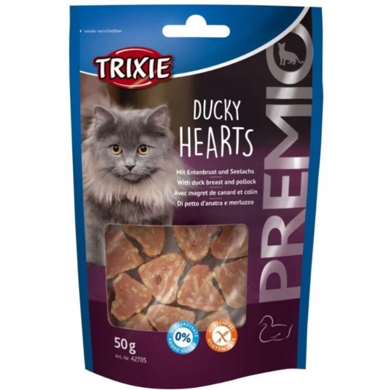 Trixie Premio Hearts, 50g - mīkstas sirsniņas ar pīles krūtiņu un mencu