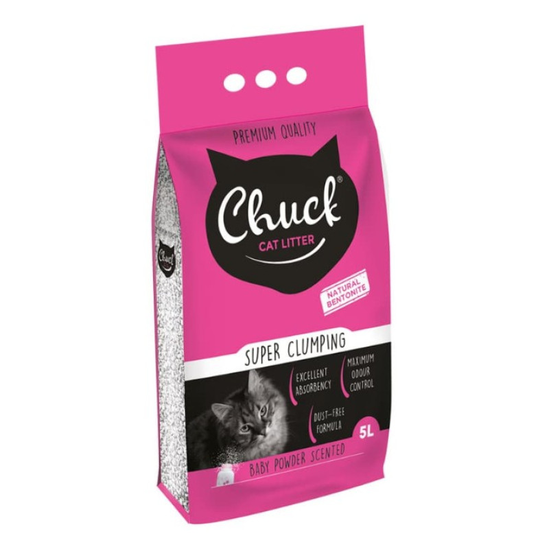 Chuck Standard Baby Powder, 5L - cementējošās smiltis ar bērnu pūdera aromātu, vidējā frakcija
