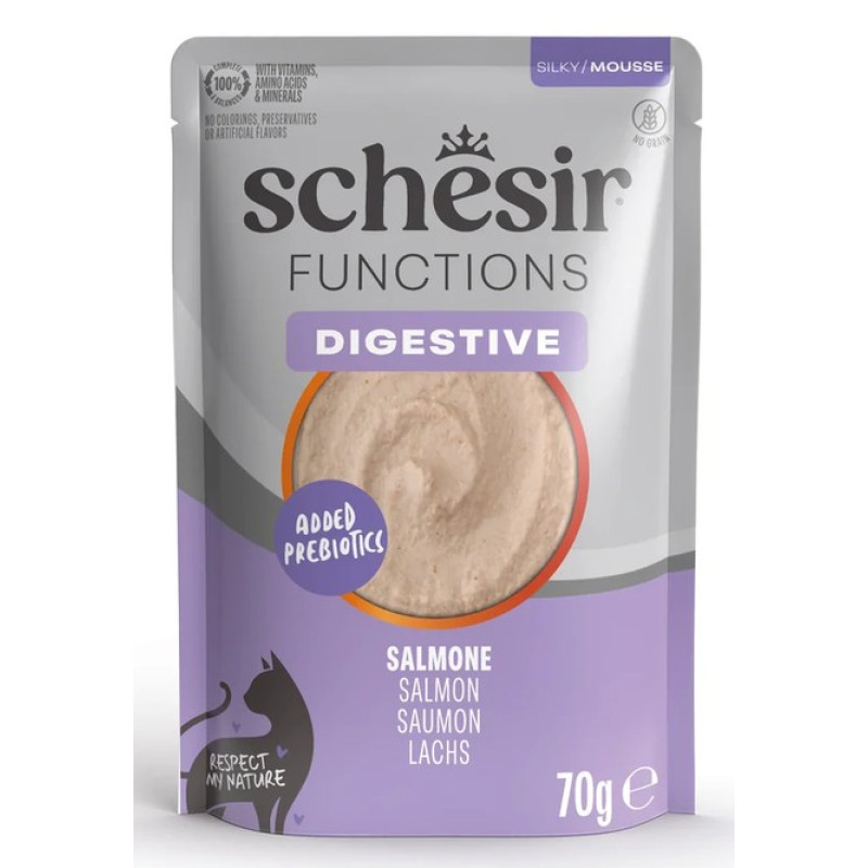 Schesir Cat Functions Mousse Digestive Salmon, 70g - pilnvērtīgā barība - uzputenis kaķiem ar jutīgu gremošanu