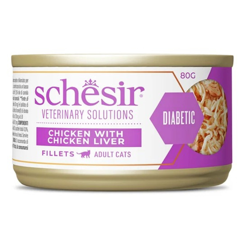 Schesir Cat Veterinary Solutions Diabetic Chicken Fillets with Chicken Liver, 80g - veterinārā diēta diabētam - vista un vistu aknas buljonā