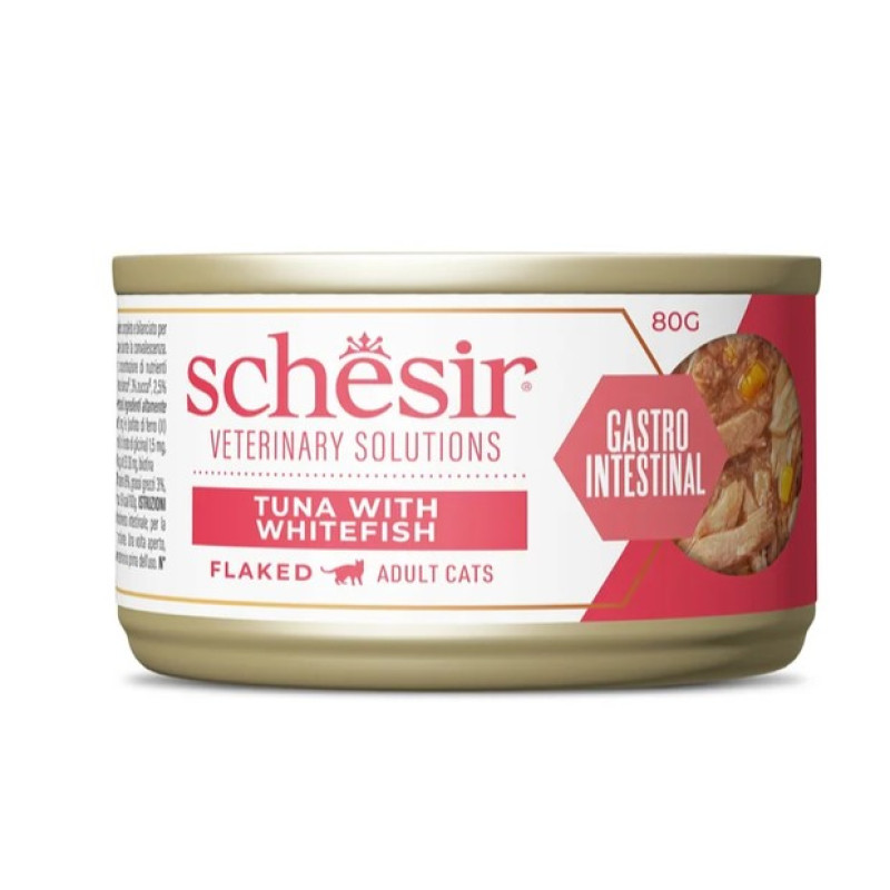 Schesir Cat Veterinary Solutions Gastro Intestinal Flaked Tuna and Whitefish, 80g - veterinārā diēta gremošanai - tuncis un baltās zivis buljonā