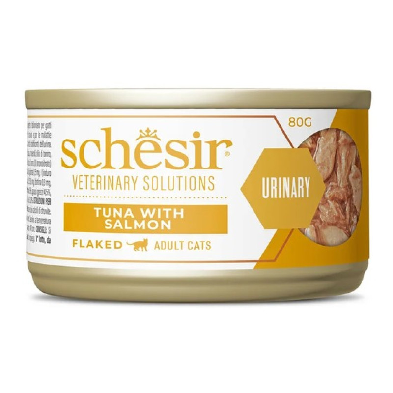 Schesir Cat Veterinary Solutions Urinary Flaked Tuna with Salmon, 80g - veterinārā diēta urīnceļiem - tuncis un lasis buljonā