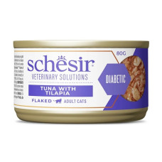 Schesir Cat Veterinary Solutions Diabetic Flaked Tuna with Tilapia, 80g - veterinārā diēta diabētam - tuncis un tilapija buljonā