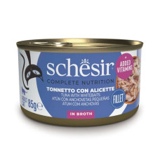 Schesir Cat Tuna with Whitebaits in Broth, 85g - pilnvērtīgā barība - tuncis un salaka (sņitka) buljonā