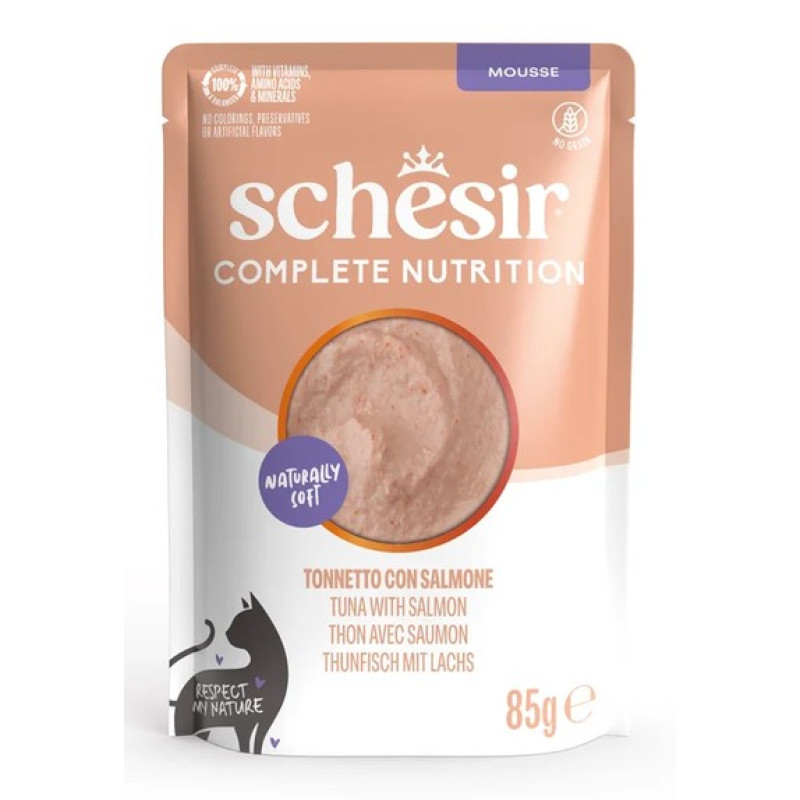 Schesir Cat Tuna with Salmon In Mousse, 85g - pilnvērtīgā barība - tunča un laša uzputenis