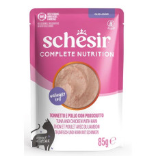 Schesir Cat Tuna, Chicken and Ham In Mousse, 85g - pilnvērtīgā barība - tunča, vistas un šķiņķa uzputenis