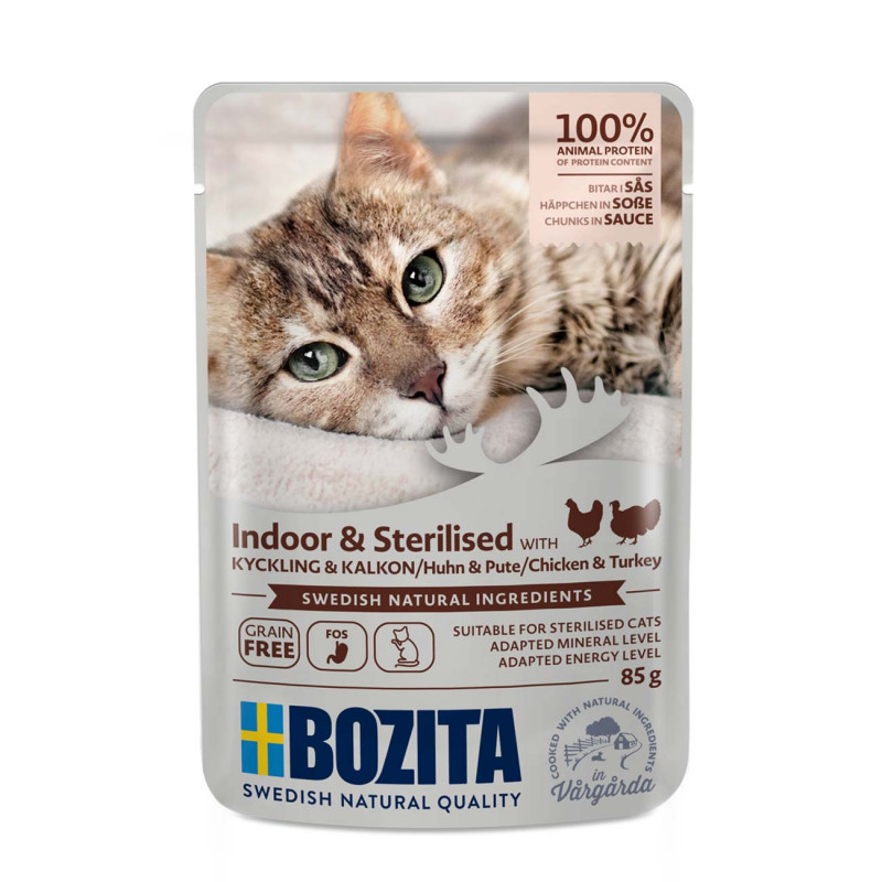 Bozita Indoor&Sterilized Chicken&Turkey Sauce, 85g - bezgraudu gaļas gabaliņi ar vistu un tītaru mērcē sterilizētiem un mājas kaķiem