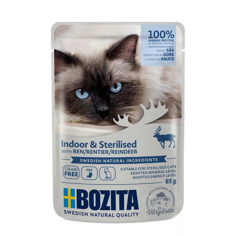Bozita Indoor&Sterilized Reindeer Sauce, 85g - bezgraudu gaļas gabaliņi ar ziemeļbriedi mērcē sterilizētiem un mājas kaķiem
