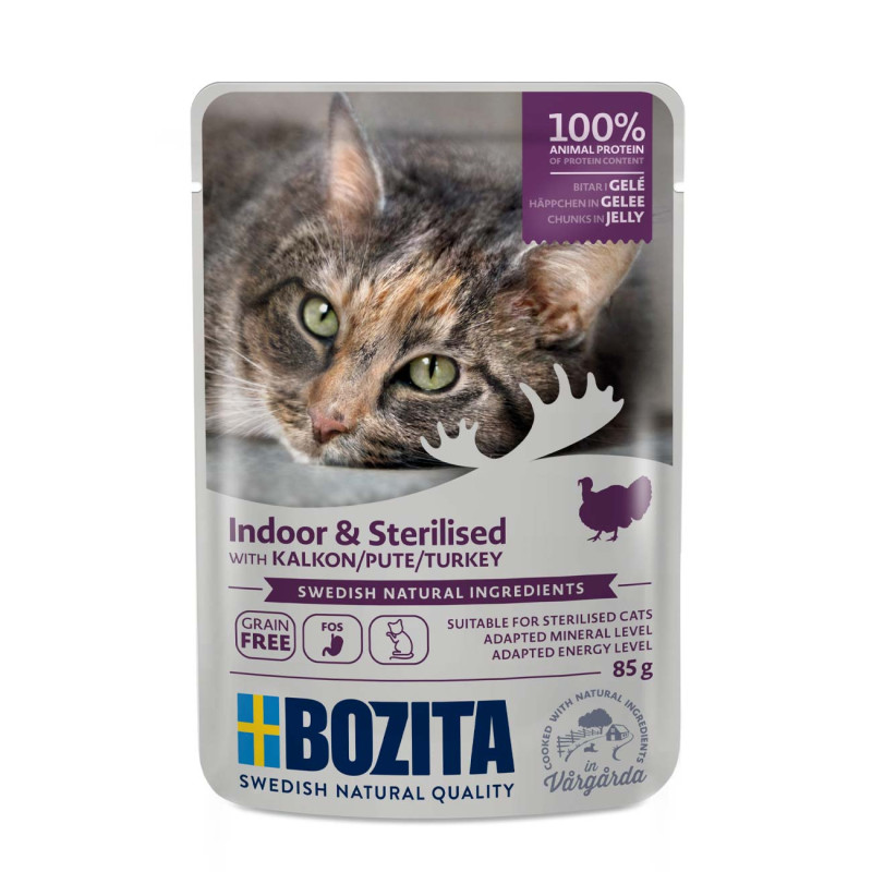 AKCIJA 3+1 Bozita Indoor&Sterilized Turkey Gelly, 85g - bezgraudu gaļas gabaliņi ar tītaru želejā sterilizētiem un mājas kaķiem