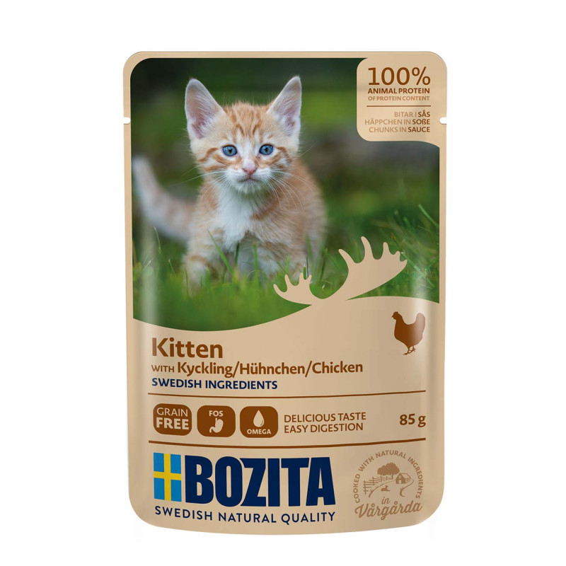 AKCIJA 3+1 Bozita Kitten Chicken Sauce, 85g - bezgraudu gaļas gabaliņi ar vistu mērcē kaķēniem, junioriem, grūsnām un laktējošām kaķenēm