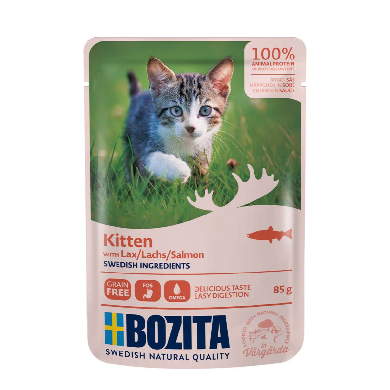 AKCIJA 3+1 Bozita Kitten Salmon Sauce, 85g - bezgraudu gaļas gabaliņi ar lasi mērcē kaķēniem, junioriem, grūsnām un laktējošām kaķenēm