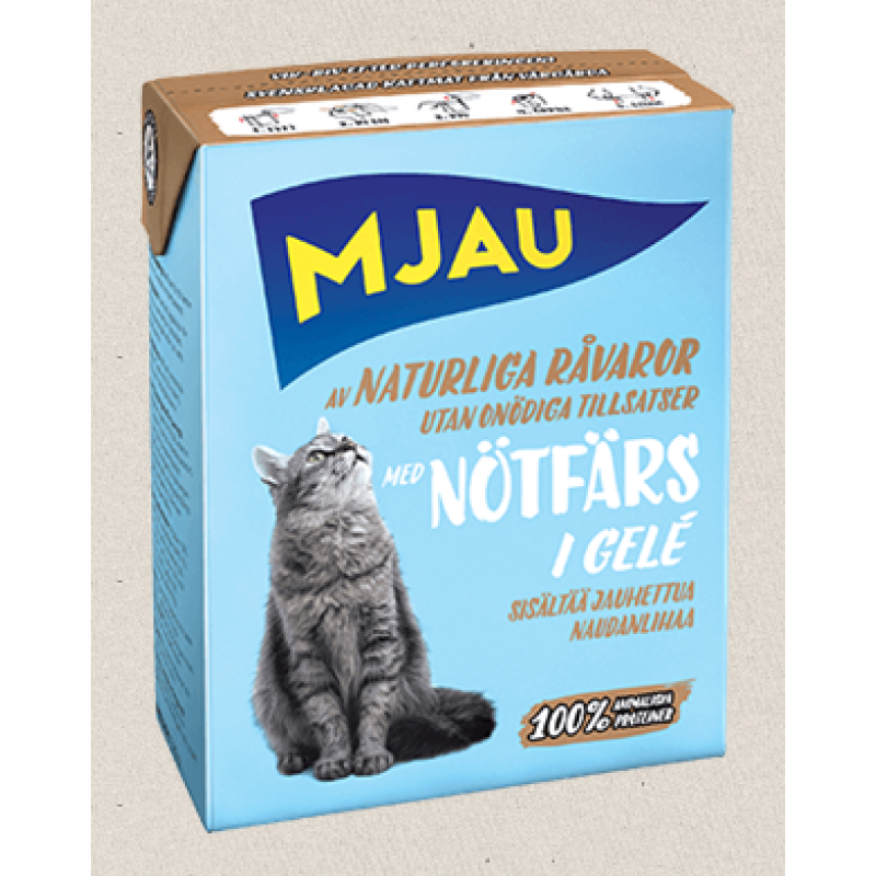 Mjau Notfars Gele, 380g - bezgraudu gaļas gabaliņi ar maltu liellopa gaļu želejā