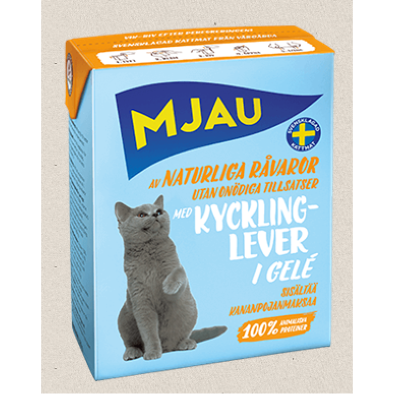 Mjau Kycklinglever Gele, 380g - bezgraudu gaļas gabaliņi ar vistas aknām želejā