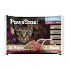 Pawsome! Senior Mix, 4x85g - bezgraudu gaļas gabaliņi mērcē senjoriem, divu garšu asortī