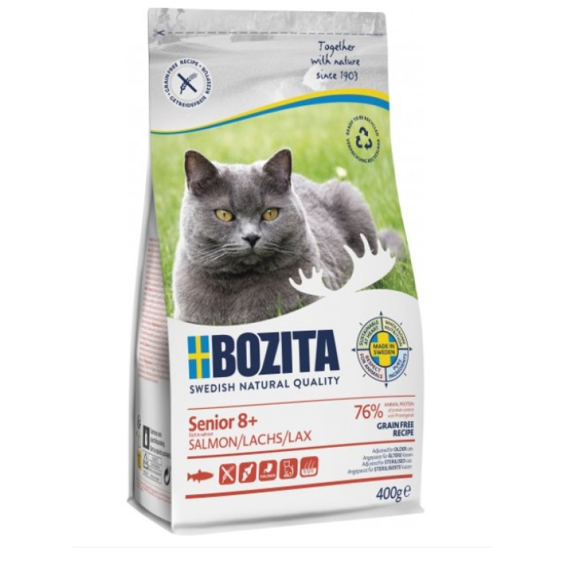 Bozita Grain Free Senior 8+ Salmon, 400g - bezgraudu sausā barība ar lasi veciem kaķiem