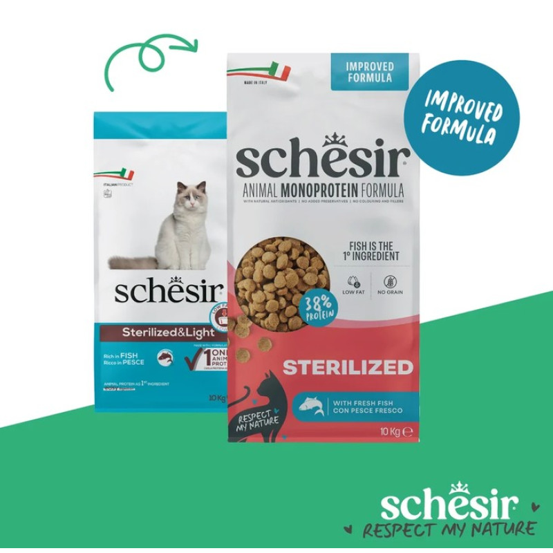 Schesir Sterilized Fish, 10kg - bezgraudu sausā barība ar svaigu zivi sterilizētiem kaķiem un kaķiem ar lieko svaru