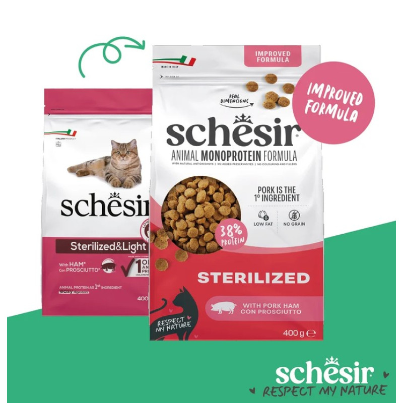 Schesir Sterilized Ham, 400g - bezgraudu sausā barība ar šķiņķi sterilizētiem kaķiem un kaķiem ar lieko svaru