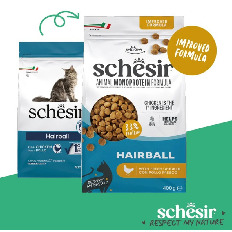 Schesir Hairball, 400g - sausā barība ar svaigu vistu pret spalvu kamoliem kuņģī kaķiem