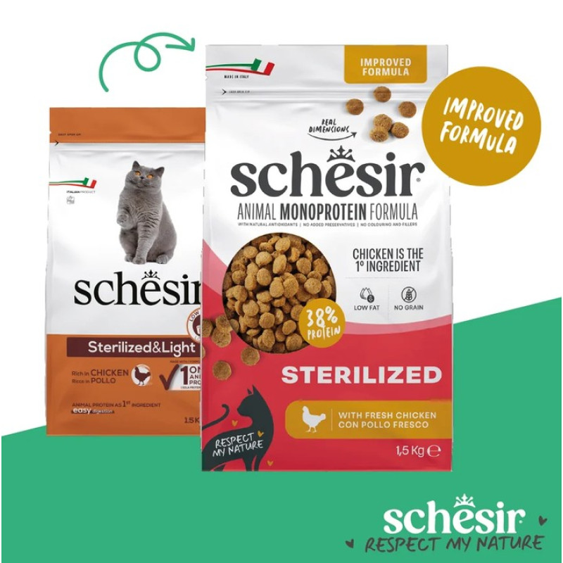 Schesir Sterilized Chicken, 1.5kg - bezgraudu sausā barība ar svaigu vistu sterilizētiem kaķiem un kaķiem ar lieko svaru