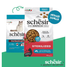 Schesir Sterilized Fish, 400g - bezgraudu sausā barība ar svaigu zivi sterilizētiem kaķiem un kaķiem ar lieko svaru