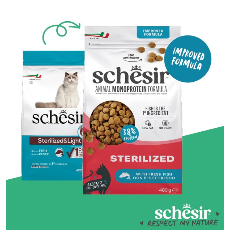Schesir Sterilized Fish, 400g - bezgraudu sausā barība ar svaigu zivi sterilizētiem kaķiem un kaķiem ar lieko svaru
