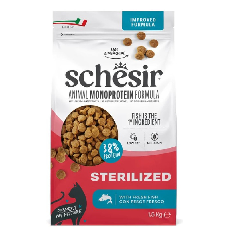 Schesir Sterilized Fish, 1.5kg - bezgraudu sausā barība ar svaigu zivi sterilizētiem kaķiem un kaķiem ar lieko svaru