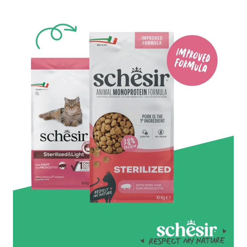 Schesir Sterilized Ham, 10kg - bezgraudu sausā barība ar šķiņķi sterilizētiem kaķiem un kaķiem ar lieko svaru