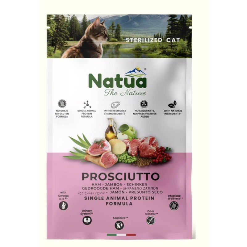 Natua Sterilized Ham, 1.5kg - bezgraudu monoproteīna sausā barība ar šķiņķi sterilizētiem kaķiem