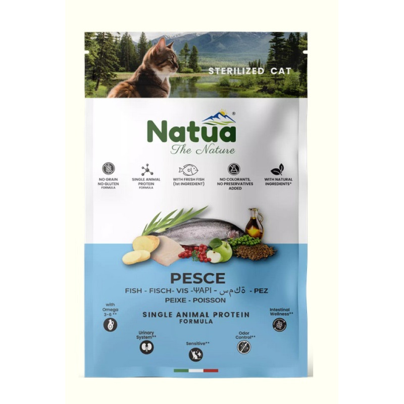 Natua Sterilized Fish, 1.5kg - bezgraudu monoproteīna sausā barība ar zivīm sterilizētiem kaķiem