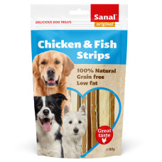 Sanal Chicken&Fish Strips, 80g - mīkstas vistas un zivju nūjiņas