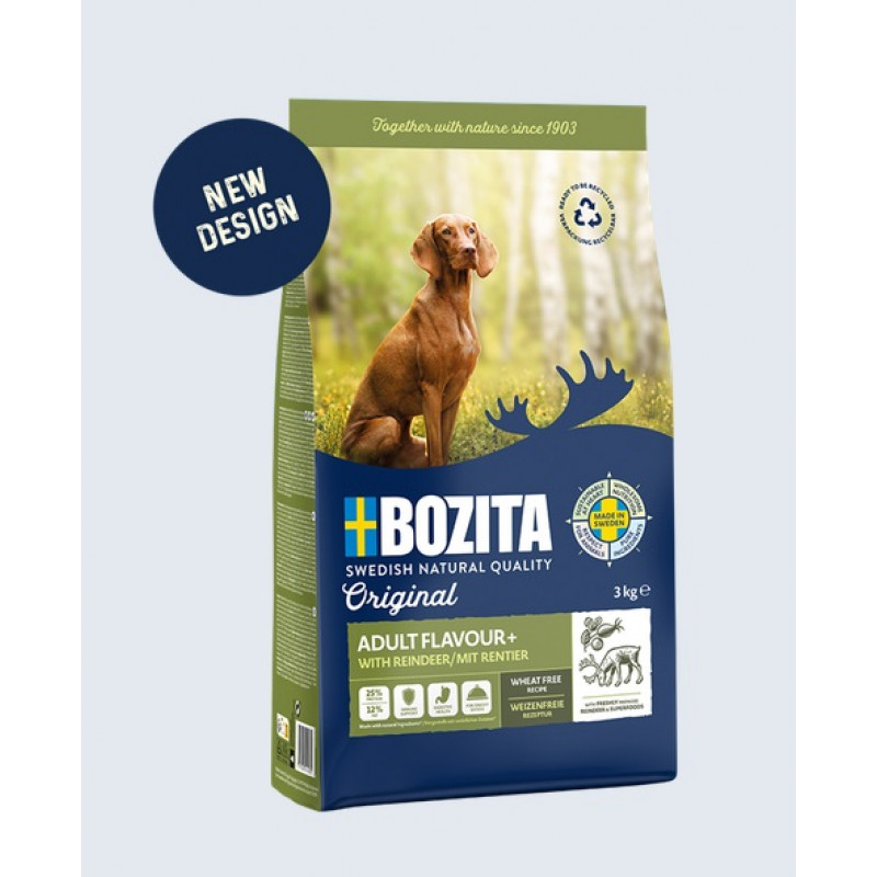 Bozita Original Adult Flavour Plus, 3kg - bezkviešu sausā barība ar ziemeļbriedi izvēlīgiem suņiem