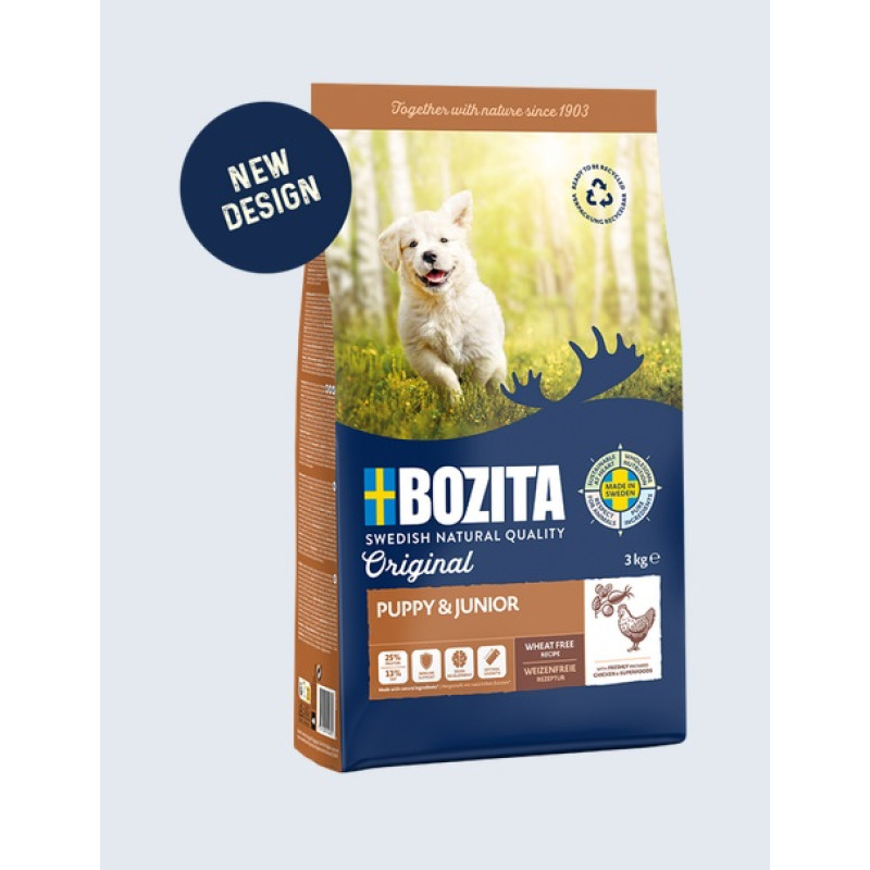 Bozita Original Puppy & Junior, 3kg - bezkviešu sausā barība kuceniem, junioriem, grūsnām un laktējošām kucēm