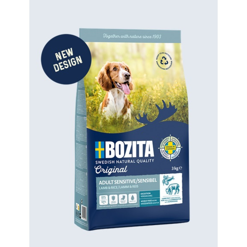 Bozita Original Adult Sensitive Digestion, 3kg - bezkviešu sausā barība ar jēru un rīsiem suņiem ar jūtīgu gremošanu