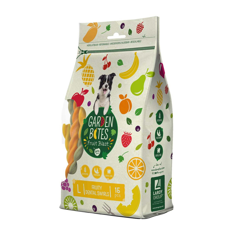 Garden Bites Fruity Dental Swirls L, 15gab/16cm - вегетарианские жевательные спирали для чистки зубов, с фруктами