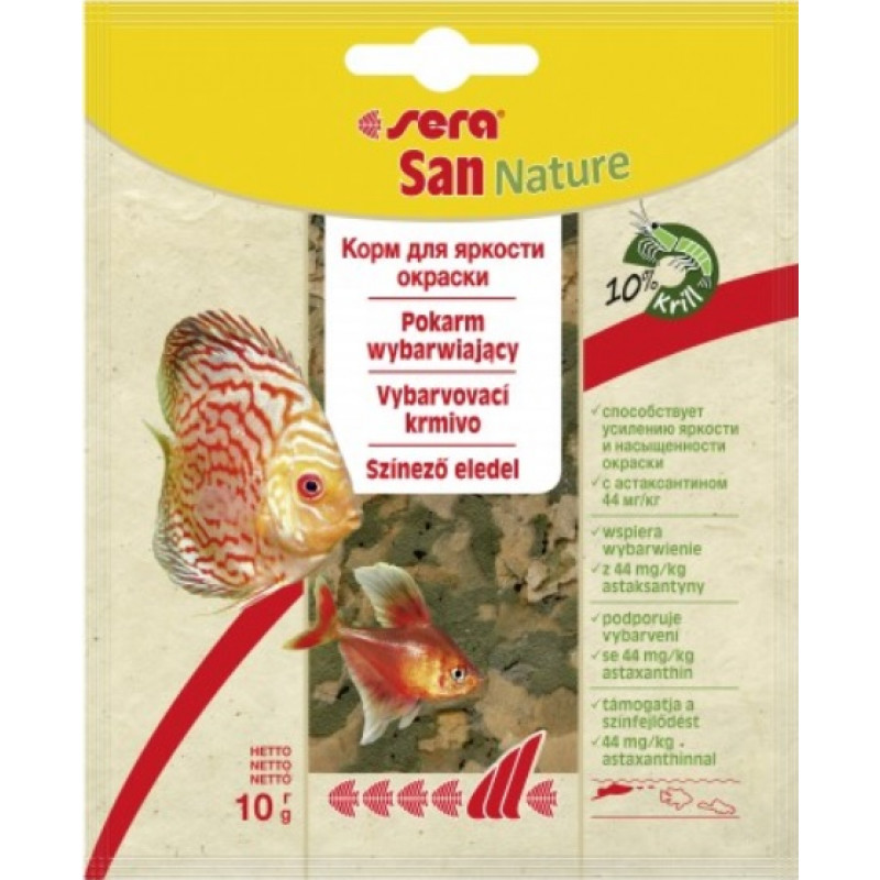 Sera San Nature, 10g - krāsu pastiprinoša barība zivīm - pārslas