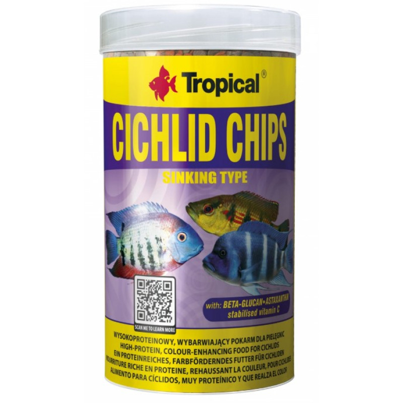 Tropical Cichlid Chips, 1L/520g - lēni grimstoši, krāsu pastiprinoši čipsi cihlīdām